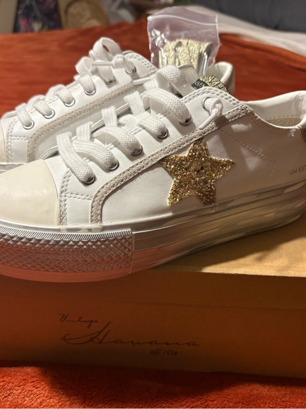 Vintage Havana White Sneakers with Gold Glitter Star